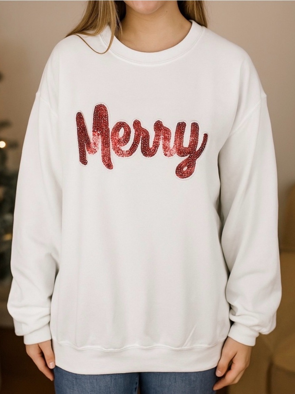 Merry Sequin Christmas Crewneck Sweater White with Red Accent size small!